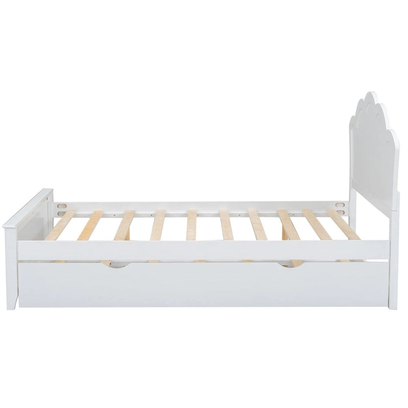 Cama de plataforma de madera tamaño matrimonial con cabecero y cama nido individual
