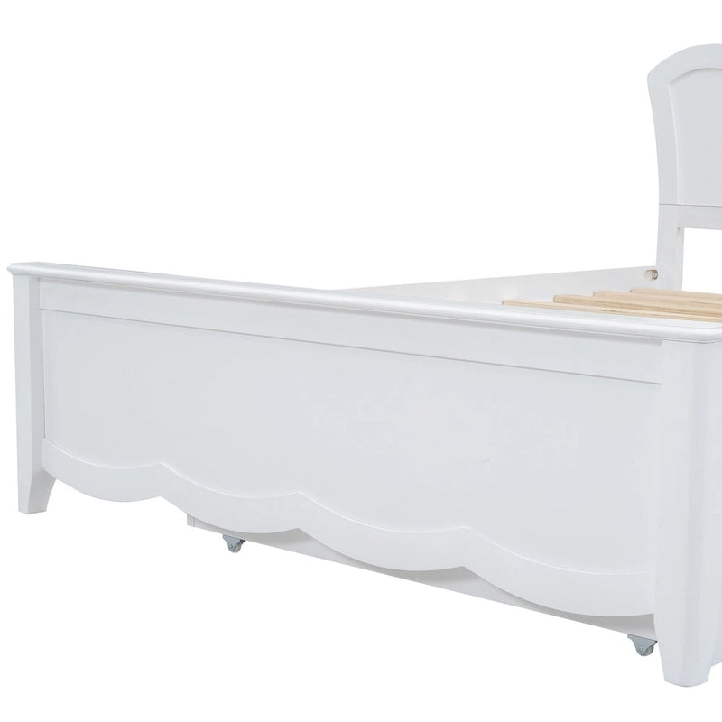 Cama de plataforma de madera tamaño matrimonial con cabecero y cama nido individual