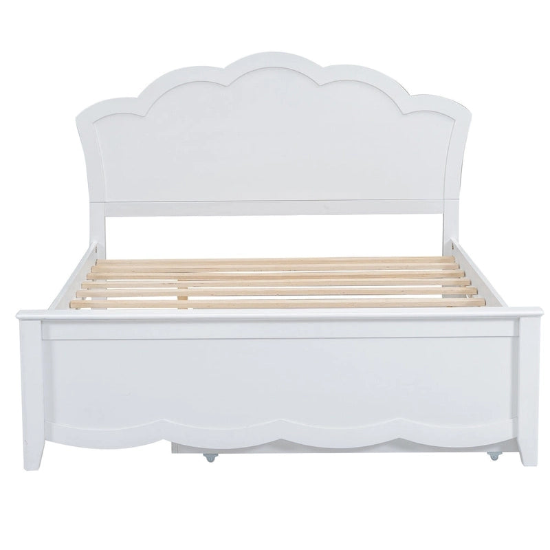Cama de plataforma de madera tamaño matrimonial con cabecero y cama nido individual