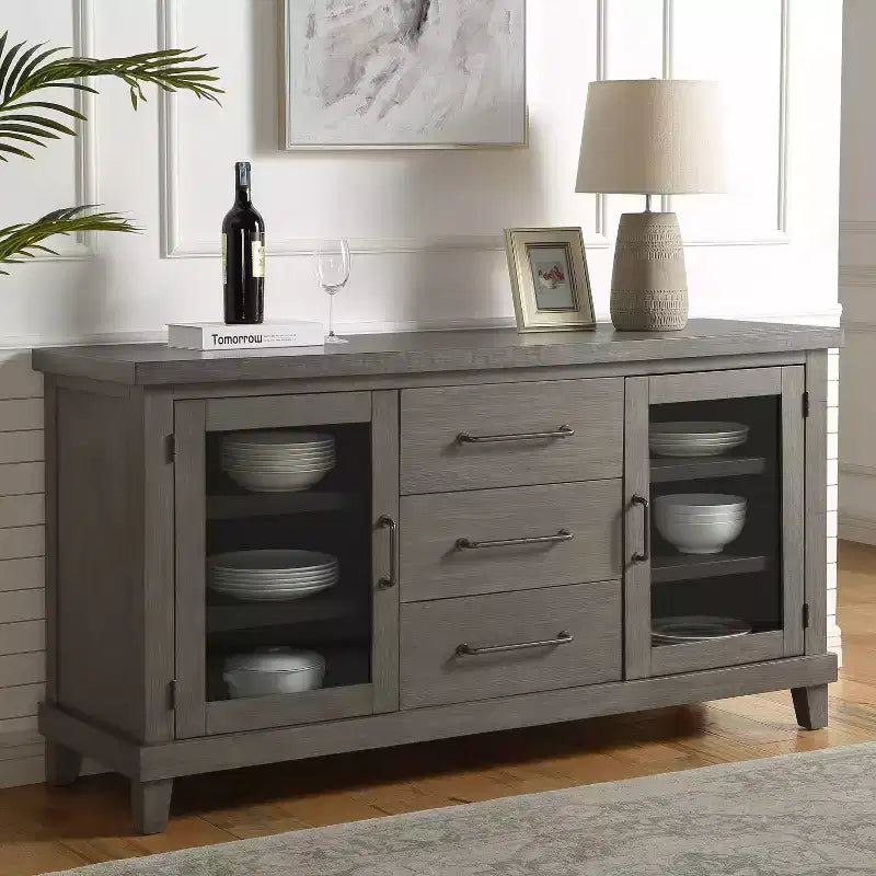 Mila Server Washed Gray - Steve Silver Co.: Estilo Contemporáneo, Acabado de Chapa, Puertas de Cristal, 3 Cajones
