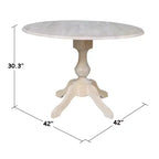 Mesa de comedor redonda con tablero abatible Blake de 42 pulgadas sin acabado - International Concepts: Compacta, con base de pedestal