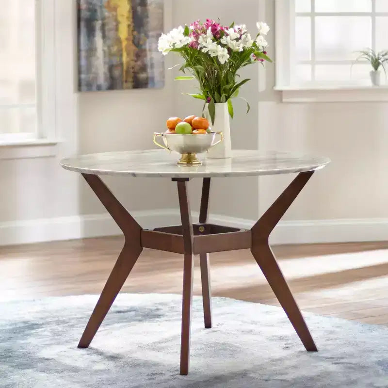 Juego de comedor redondo de 3 piezas Buylateral Saville moderno de mediados de siglo con imitación de mármol Nogal/Gris