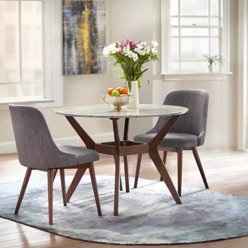 Juego de comedor redondo de 3 piezas Buylateral Saville moderno de mediados de siglo con imitación de mármol Nogal/Gris