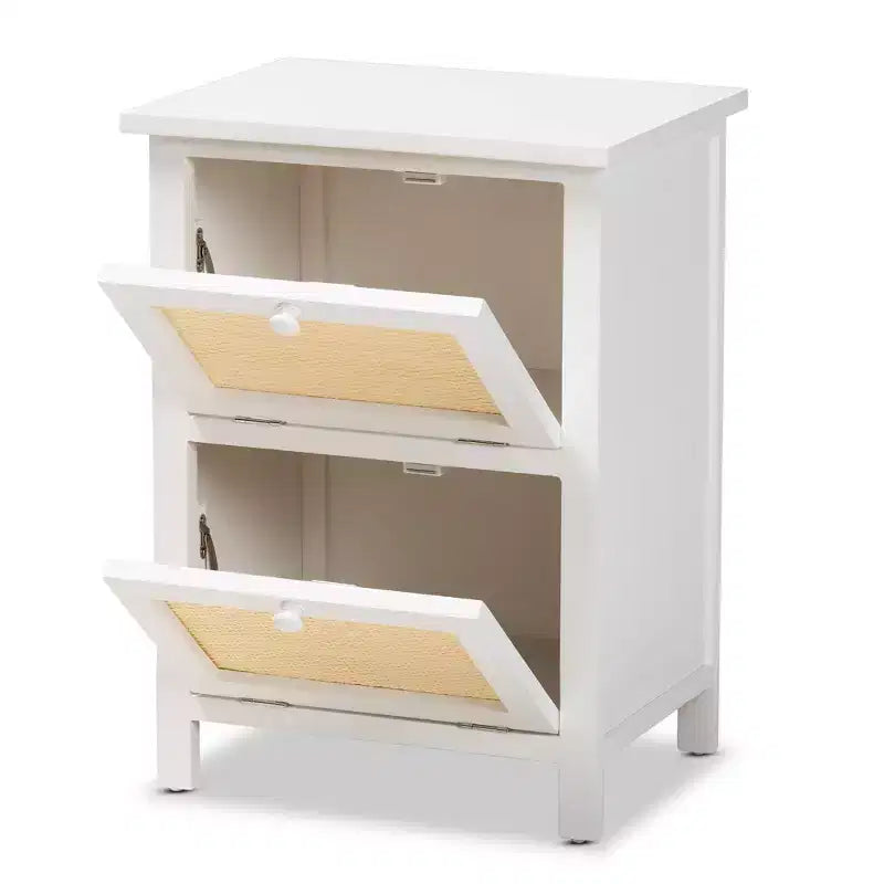 Sariah Wood Rattan 2 Door Nightstand White - Baxton Studio