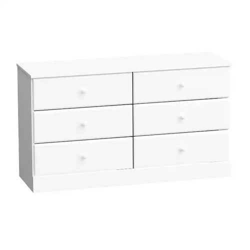 Cómoda doble de 6 cajones Prepac Astrid de 26.85 pulgadas para dormitorio, cómoda ancha, muebles de dormitorio, color blanco