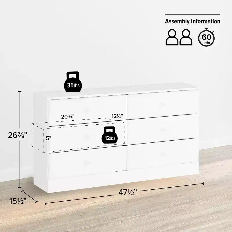 Cómoda doble de 6 cajones Prepac Astrid de 26.85 pulgadas para dormitorio, cómoda ancha, muebles de dormitorio, color blanco