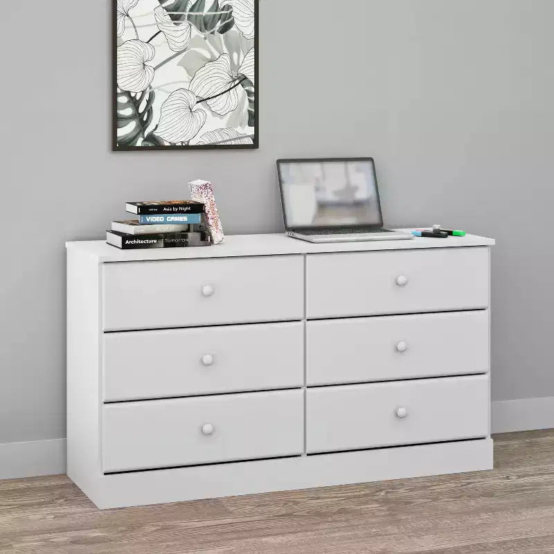 Cómoda doble de 6 cajones Prepac Astrid de 26.85 pulgadas para dormitorio, cómoda ancha, muebles de dormitorio, color blanco
