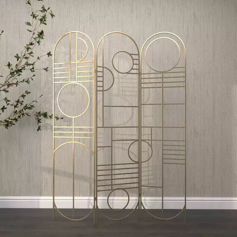 Divisor de ambientes moderno de metal dorado - Olivia y May: estructura de hierro, no requiere ensamblaje, diseño de 3 paneles