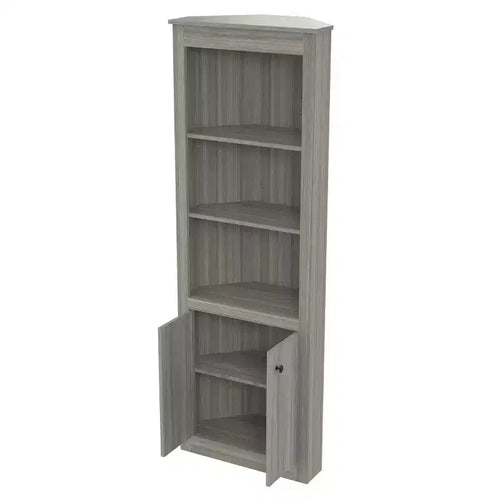 70.02" Corner Bookshelf Gray - Inval: Modern Smoke Oak, 3 Shelves, Double Door Storage