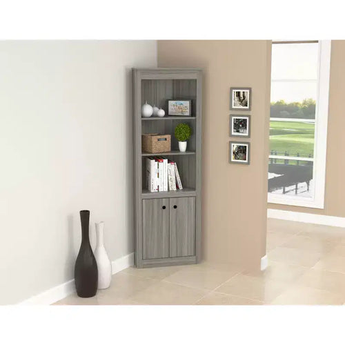 Estantería esquinera de 70.02" gris - Inval: Roble ahumado moderno, 3 estantes, almacenamiento con doble puerta
