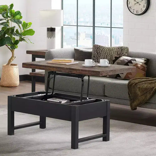 Mesa de centro Pomona de 42": Almacenamiento rústico con tapa elevable, madera de pino envejecida, estilo industrial, estructura negra