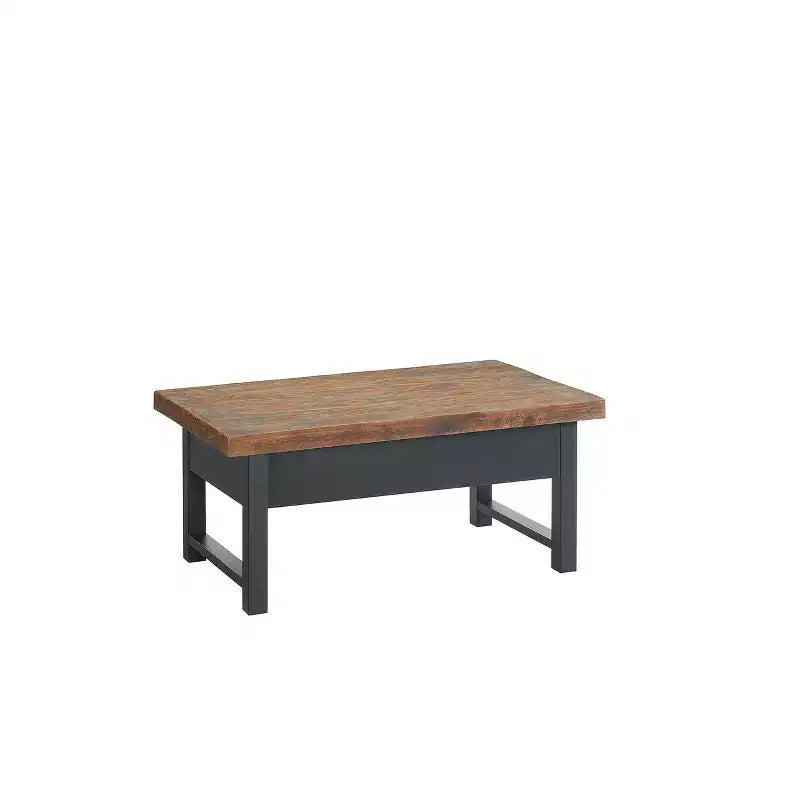 Mesa de centro Pomona de 42": Almacenamiento rústico con tapa elevable, madera de pino envejecida, estilo industrial, estructura negra