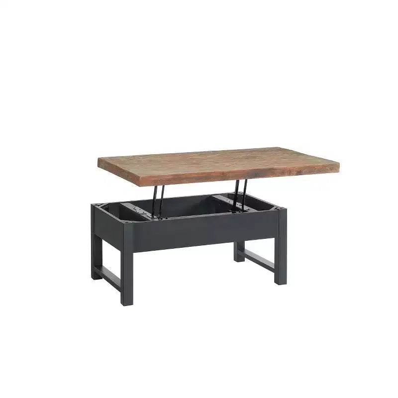 Mesa de centro Pomona de 42": Almacenamiento rústico con tapa elevable, madera de pino envejecida, estilo industrial, estructura negra