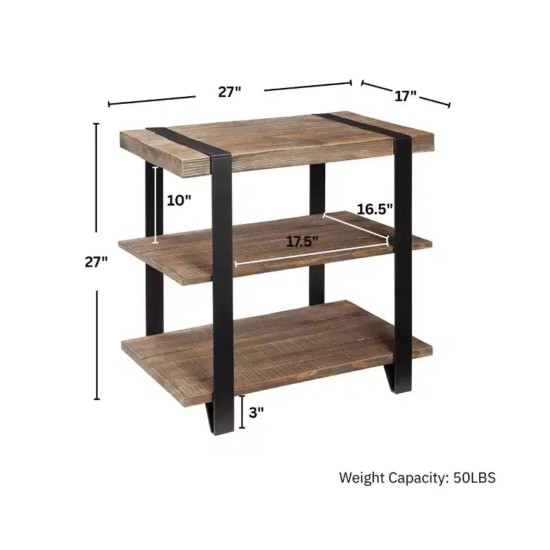 Mesa auxiliar de 27 pulgadas Modesto con 2 estantes y correa de metal, madera - Alaterre Furniture: Diseño rústico industrial, estructura negra