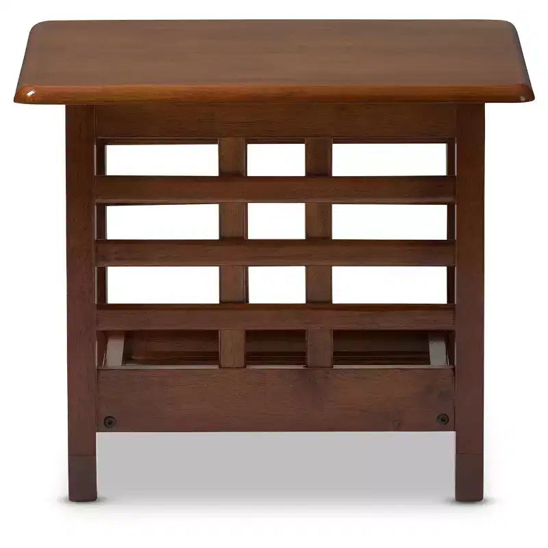 Baxton Studio Larissa - Mesa auxiliar moderna clásica estilo misión para sala de estar, color cerezo marrón: Mesa auxiliar cuadrada de caucho con estante
