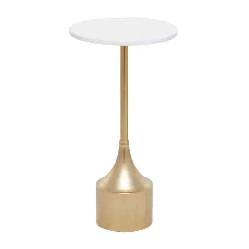 Mesa auxiliar de pedestal contemporánea de metal y mármol dorado - Olivia & May