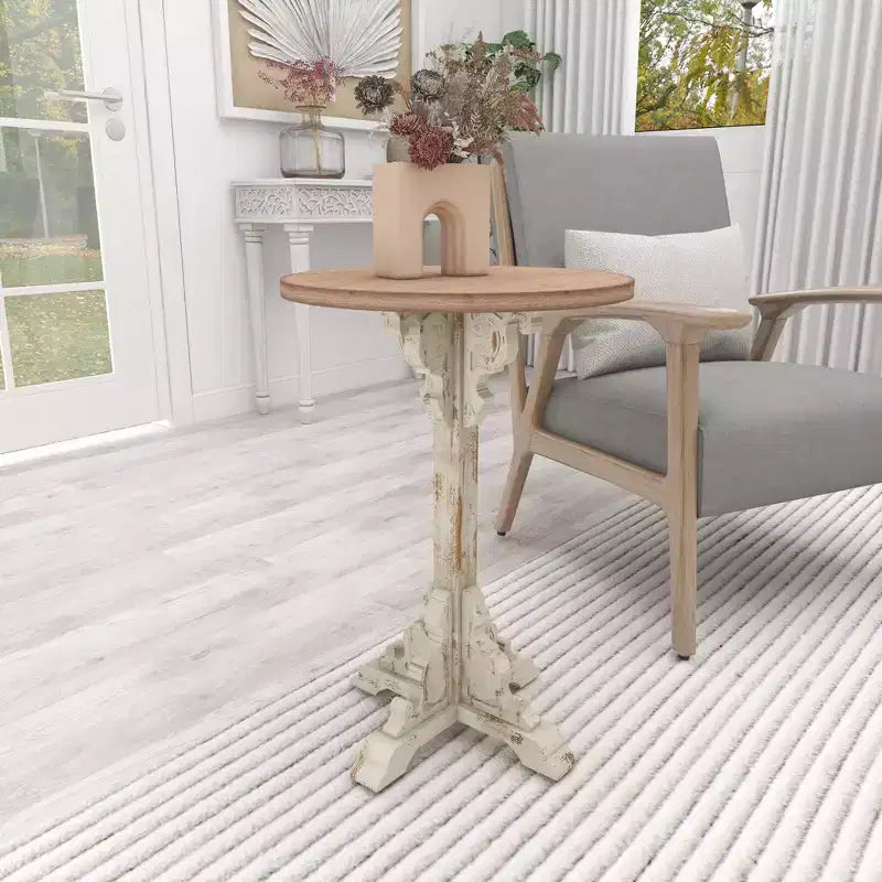 Mesa auxiliar de abeto chino estilo casa de campo gris - Olivia y May: Pedestal, Uso en interiores, Forma redonda
