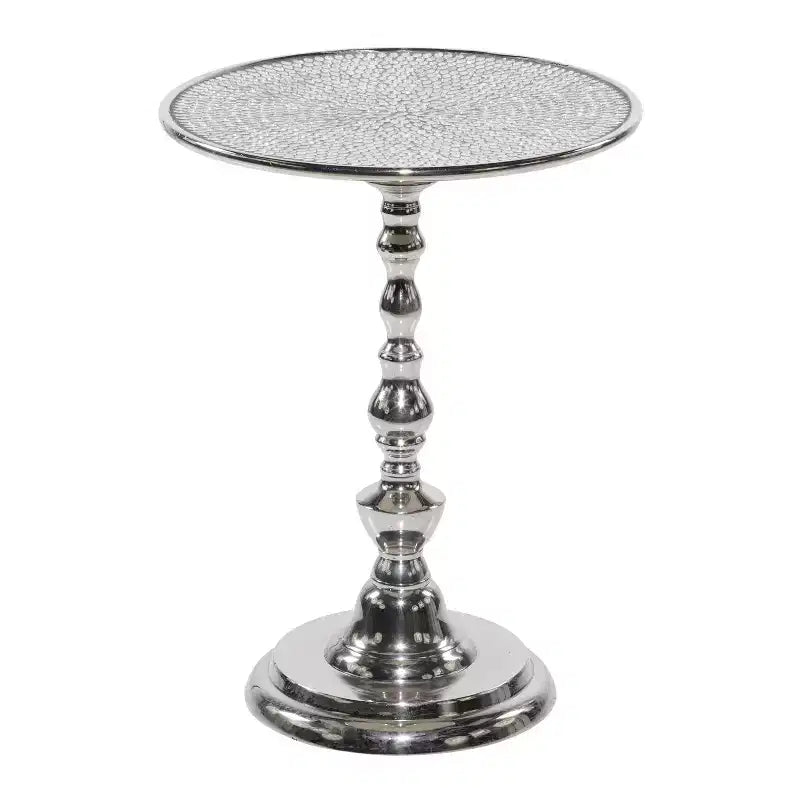 Mesa Pedestal de Aluminio Glam Plateada - Olivia & May: Acento Redondo de Lujo, 20" de Altura, Tablero de Metal, 15.6" de Ancho