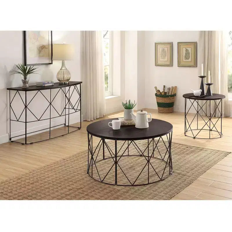 Mesa de sofá rectangular Drixol Nogal - miBasics: Estructura de acero, MDF y chapado de madera, 76,2 cm de alto, perfil estrecho