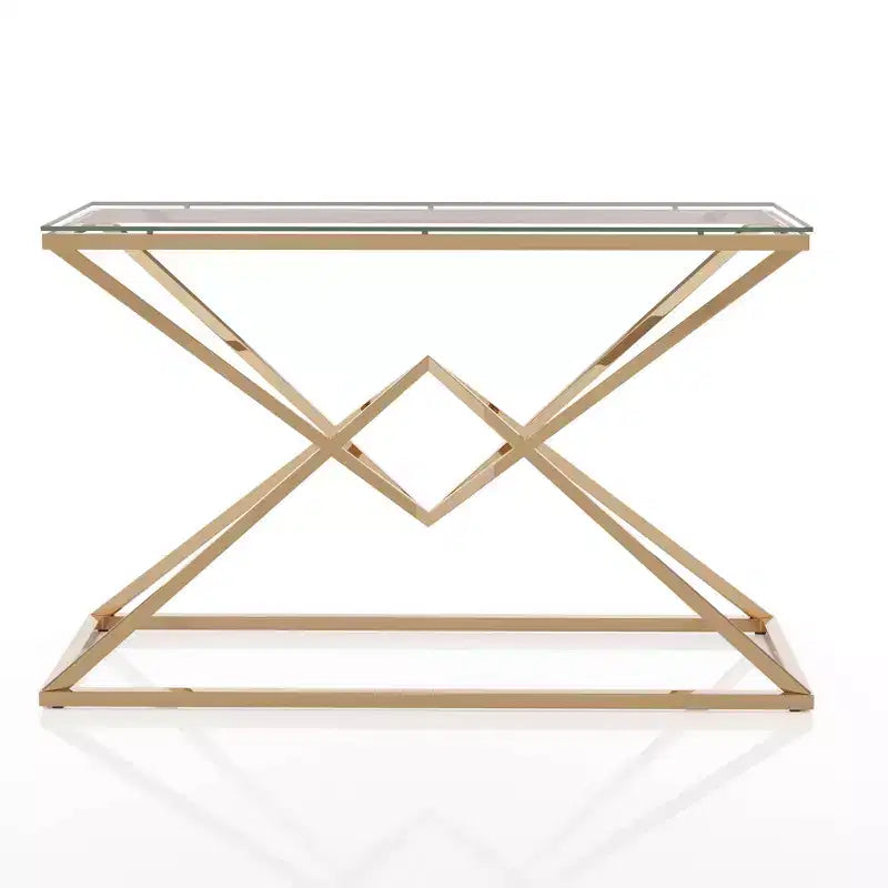Mesa de sofá Justi con tapa de cristal chapada en oro - miBasics: Estructura de acero, entrada, diseño moderno, 47.25" An.