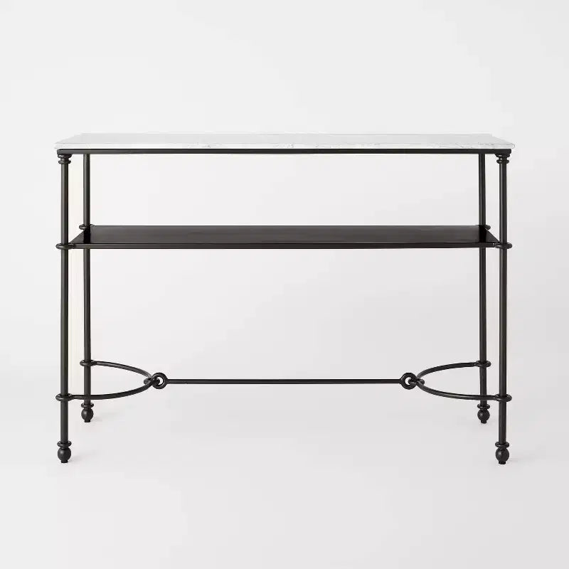Mesa consola de metal y mármol con estante de mármol de Carrara blanco/bronce oscuro - Threshold™ diseñada con Studio McGee