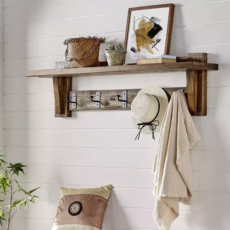 Estante con Perchero de Madera Industrial Durango, Marrón Oscuro - Muebles Alaterre: Moderno de Mediados de Siglo, Almacenamiento Montado en la Pared, 5 Ganchos