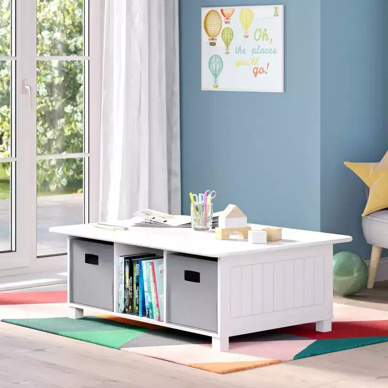 Mesa de actividades y juegos para niños RiverRidge con 6 compartimentos de almacenamiento, blanca con 2 cubos de tela