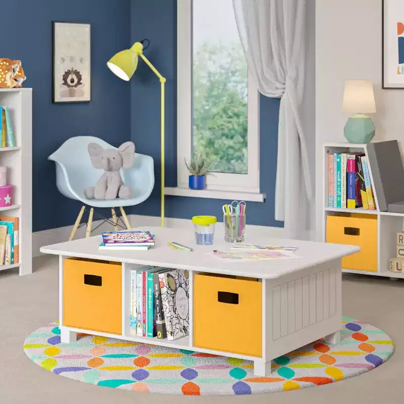 Mesa de actividades y juegos para niños RiverRidge con 6 compartimentos de almacenamiento, blanca con 2 cubos de tela