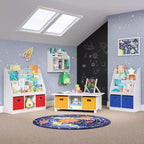 Mesa de actividades y juegos para niños RiverRidge con 6 compartimentos de almacenamiento, blanca con 2 cubos de tela