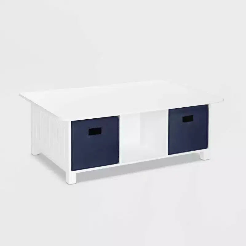 Mesa de actividades y juegos para niños RiverRidge con 6 compartimentos de almacenamiento, blanca con 2 cubos de tela