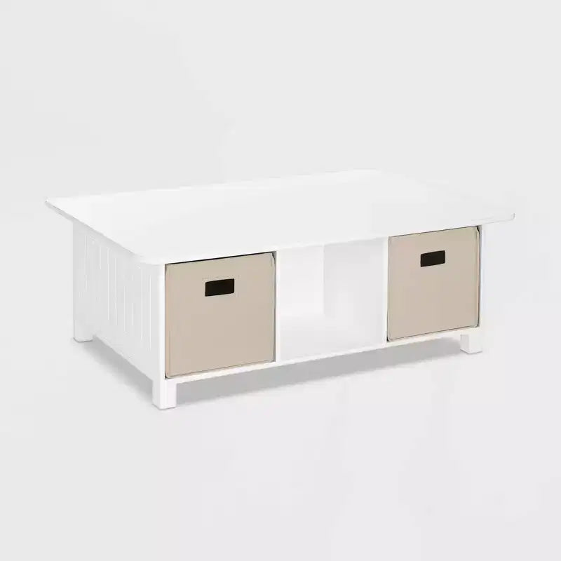 Mesa de actividades y juegos para niños RiverRidge con 6 compartimentos de almacenamiento, blanca con 2 cubos de tela