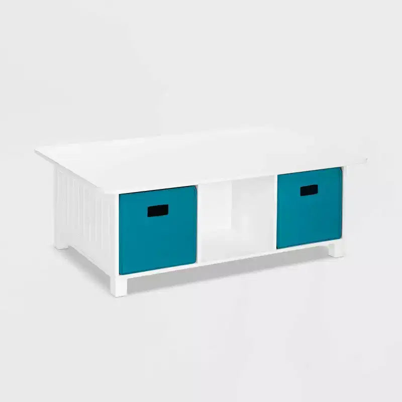 Mesa de actividades y juegos para niños RiverRidge con 6 compartimentos de almacenamiento, blanca con 2 cubos de tela