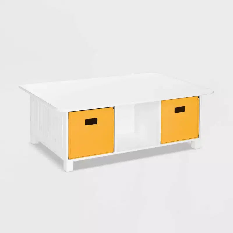 Mesa de actividades y juegos para niños RiverRidge con 6 compartimentos de almacenamiento, blanca con 2 cubos de tela