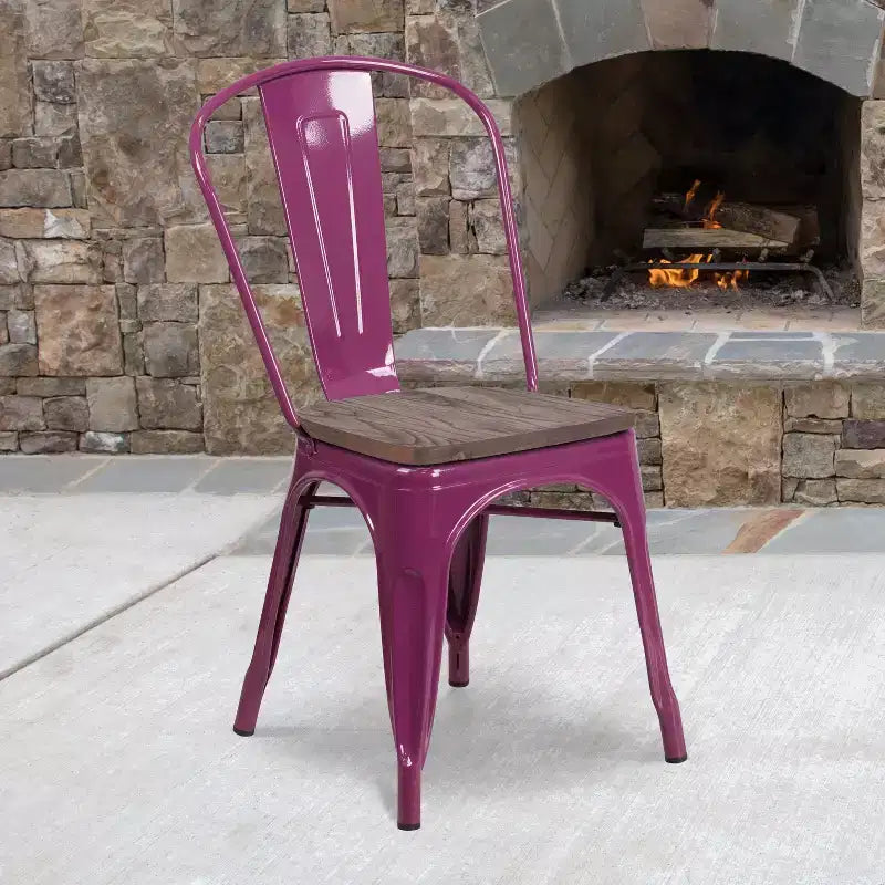 Silla apilable de metal Flash Furniture con asiento de madera