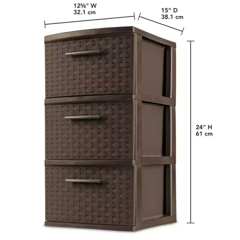 Torre de almacenamiento Sterilite de 3 cajones, cajones decorativos de plástico tejido para organización de dormitorios, armarios, habitaciones o salas de manualidades, paquete de 2, Espresso