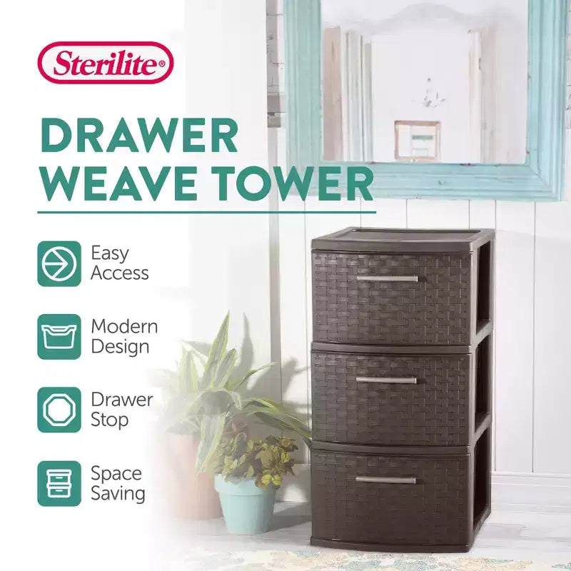Torre de almacenamiento Sterilite de 3 cajones, cajones decorativos de plástico tejido para organización de dormitorios, armarios, habitaciones o salas de manualidades, paquete de 2, Espresso