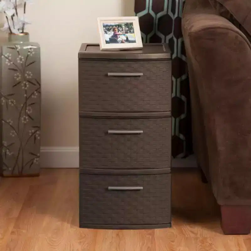 Torre de almacenamiento Sterilite de 3 cajones, cajones decorativos de plástico tejido para organización de dormitorios, armarios, habitaciones o salas de manualidades, paquete de 2, Espresso