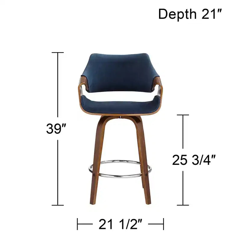 Taburete de bar giratorio Westin Walnut Studio 55D de 25 3/4 pulgadas de alto, cojín azul moderno de mediados de siglo con respaldo y reposapiés para mostrador de cocina, isla, casa