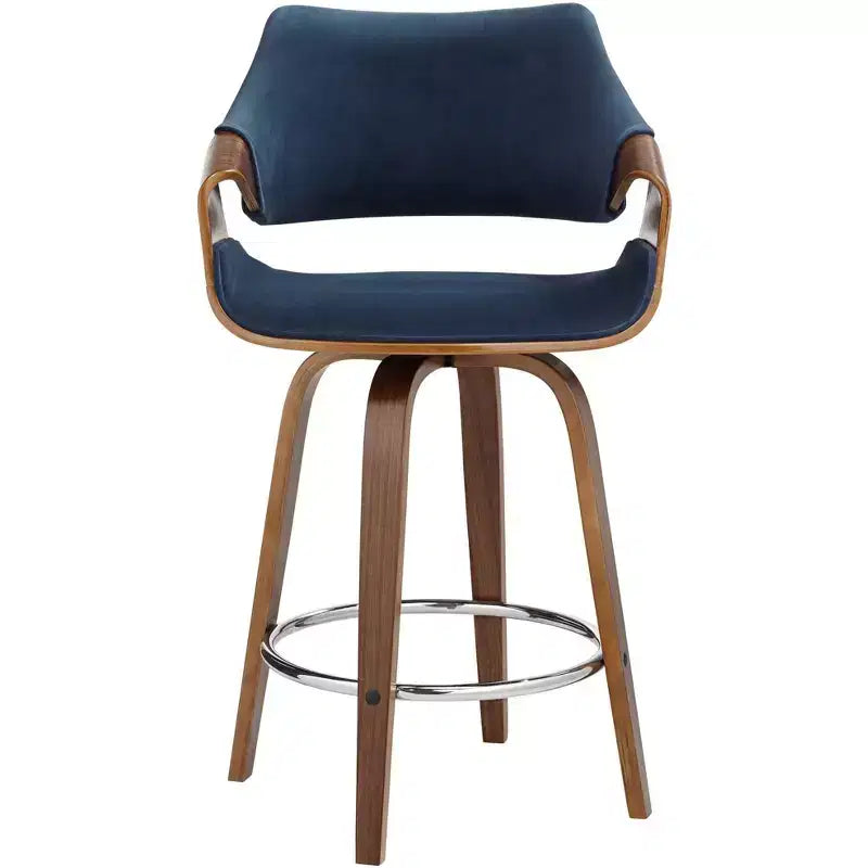 Taburete de bar giratorio Westin Walnut Studio 55D de 25 3/4 pulgadas de alto, cojín azul moderno de mediados de siglo con respaldo y reposapiés para mostrador de cocina, isla, casa