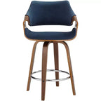 Taburete de bar giratorio Westin Walnut Studio 55D de 25 3/4 pulgadas de alto, cojín azul moderno de mediados de siglo con respaldo y reposapiés para mostrador de cocina, isla, casa