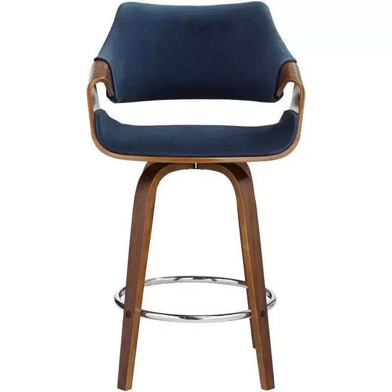Taburete de bar giratorio Westin Walnut Studio 55D de 25 3/4 pulgadas de alto, cojín azul moderno de mediados de siglo con respaldo y reposapiés para mostrador de cocina, isla, casa