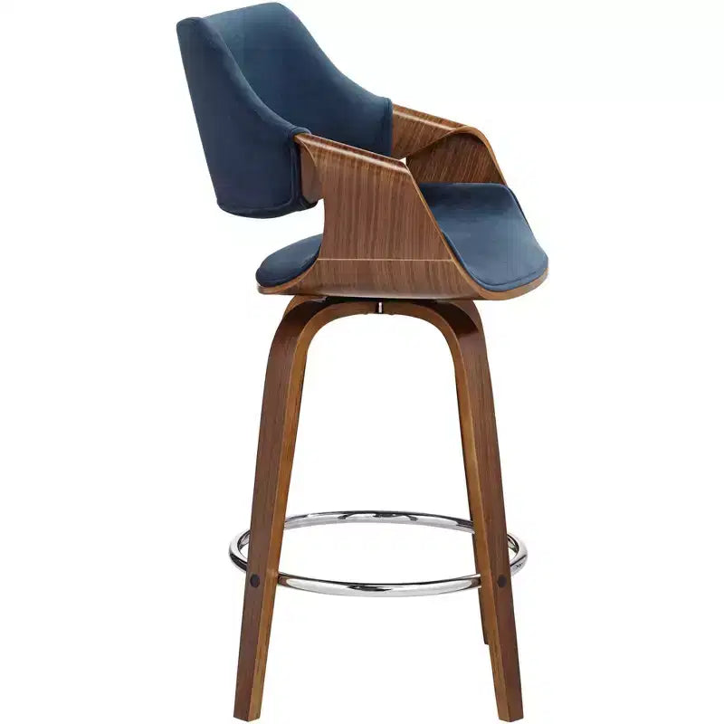 Taburete de bar giratorio Westin Walnut Studio 55D de 25 3/4 pulgadas de alto, cojín azul moderno de mediados de siglo con respaldo y reposapiés para mostrador de cocina, isla, casa