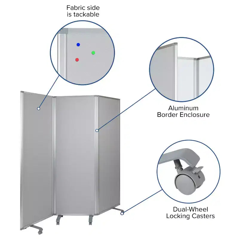Pizarra magnética móvil de doble cara Flash Furniture/Separador de tela con ruedas bloqueables, 72 de alto x 24 de ancho (3 secciones incluidas)