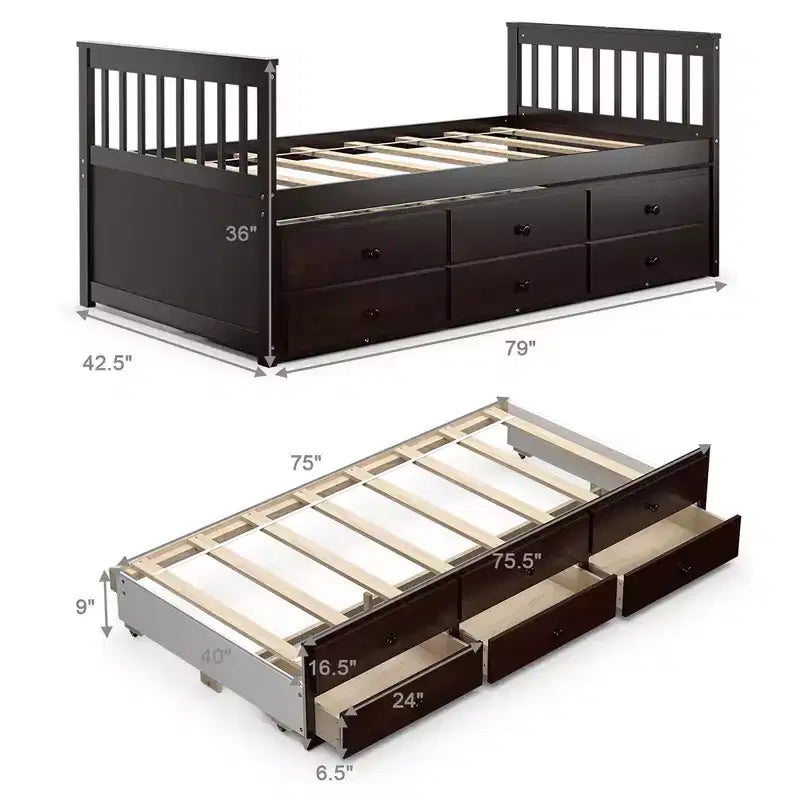 Cama Capitán Doble de Costway, Alternativa a Litera con Nido y Cajones para Niños NuezExpresoBlanco