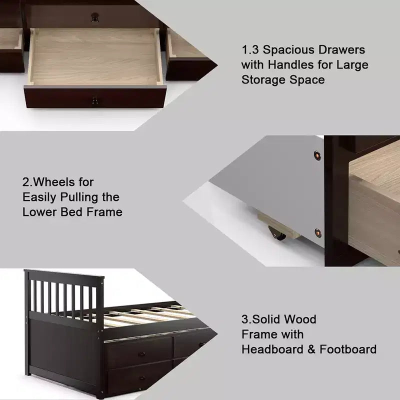 Cama Capitán Doble de Costway, Alternativa a Litera con Nido y Cajones para Niños NuezExpresoBlanco