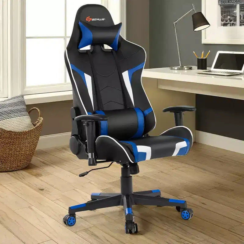 Silla de oficina para juegos reclinable Costway con masaje, giratoria, estilo carreras, con soporte lumbar