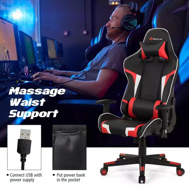 Silla de oficina para juegos reclinable Costway con masaje, giratoria, estilo carreras, con soporte lumbar