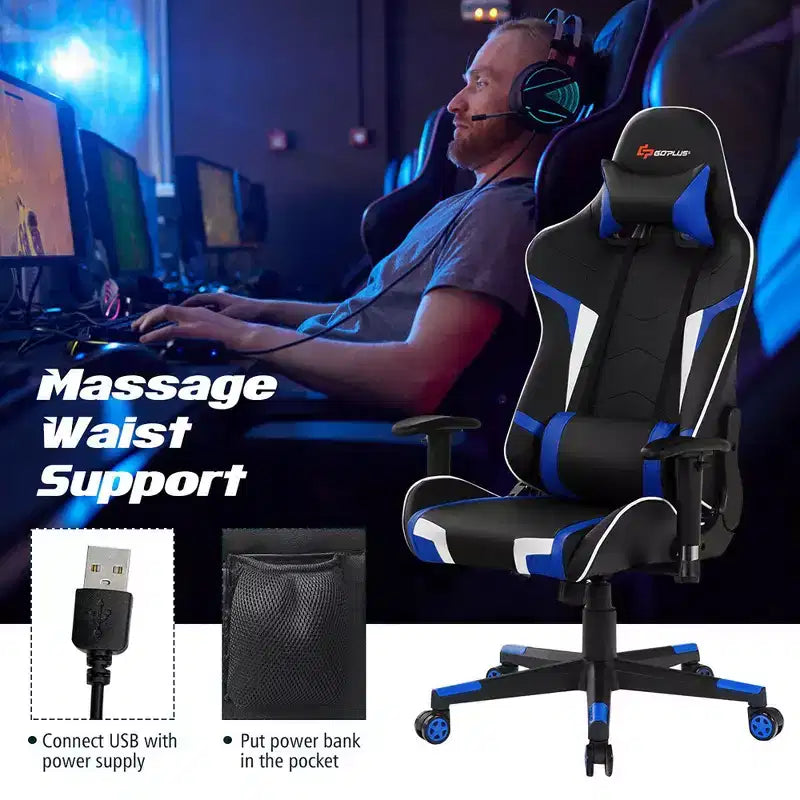 Silla de oficina para juegos reclinable Costway con masaje, giratoria, estilo carreras, con soporte lumbar