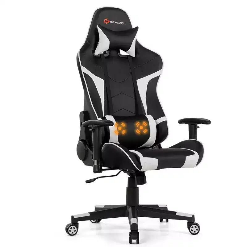 Silla de oficina para juegos reclinable Costway con masaje, giratoria, estilo carreras, con soporte lumbar
