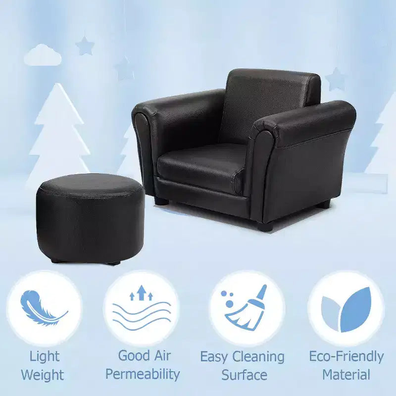 Costway Sofá Infantil Silla Sillón para Niños Pequeños Regalo de Cumpleaños con Otomana Negro